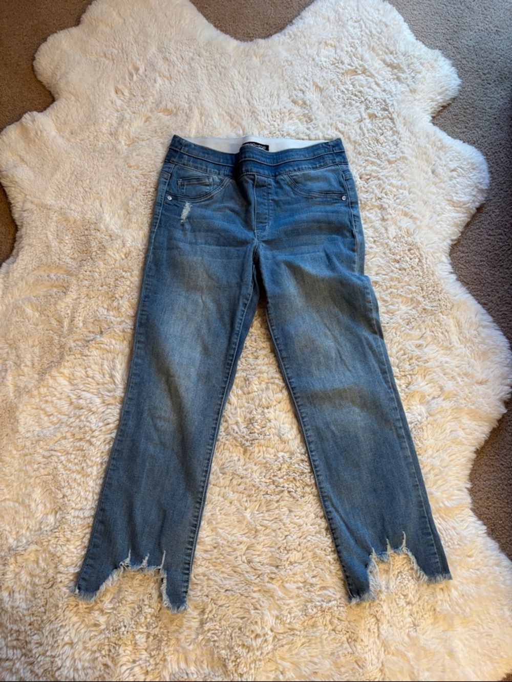 Women's Mid-Rise Blue Distressed Ankle Jeans with Frayed Hem